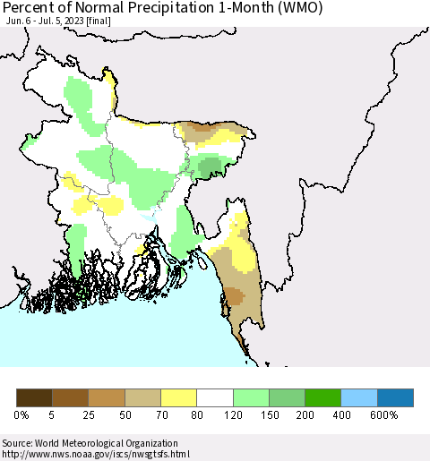 Bangladesh Percent of Normal Precipitation 1-Month (WMO) Thematic Map For 6/6/2023 - 7/5/2023