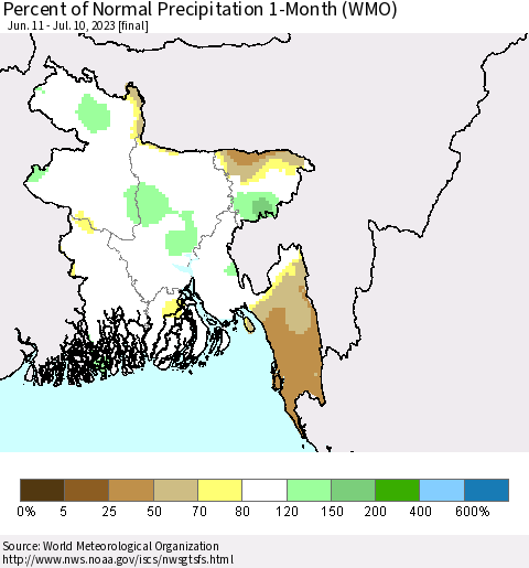Bangladesh Percent of Normal Precipitation 1-Month (WMO) Thematic Map For 6/11/2023 - 7/10/2023