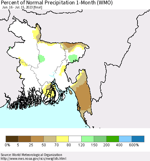 Bangladesh Percent of Normal Precipitation 1-Month (WMO) Thematic Map For 6/16/2023 - 7/15/2023