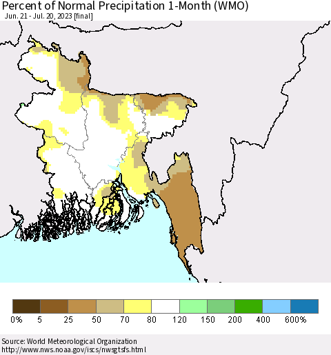 Bangladesh Percent of Normal Precipitation 1-Month (WMO) Thematic Map For 6/21/2023 - 7/20/2023