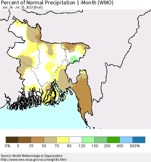 Bangladesh Percent of Normal Precipitation 1-Month (WMO) Thematic Map For 6/26/2023 - 7/25/2023