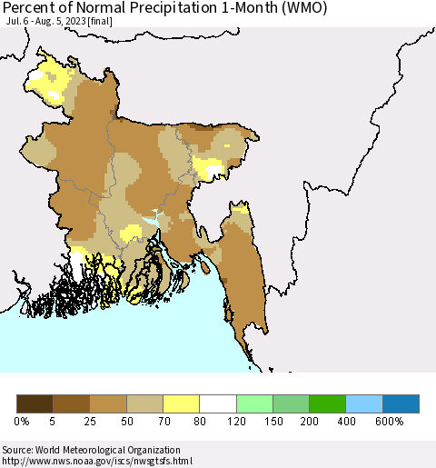 Bangladesh Percent of Normal Precipitation 1-Month (WMO) Thematic Map For 7/6/2023 - 8/5/2023