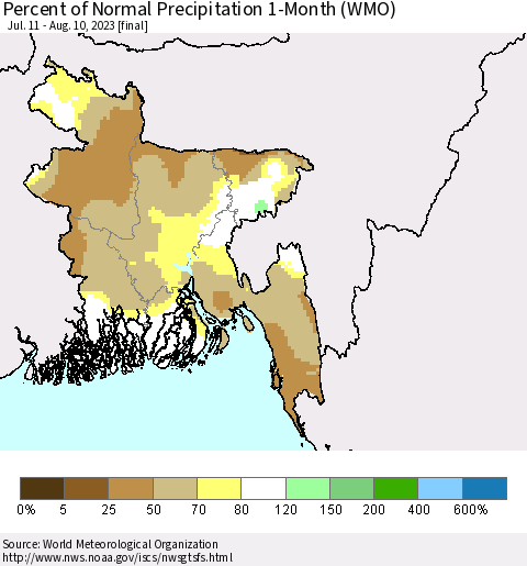 Bangladesh Percent of Normal Precipitation 1-Month (WMO) Thematic Map For 7/11/2023 - 8/10/2023