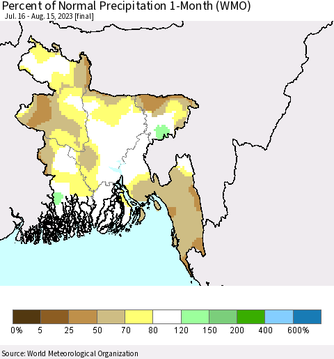 Bangladesh Percent of Normal Precipitation 1-Month (WMO) Thematic Map For 7/16/2023 - 8/15/2023