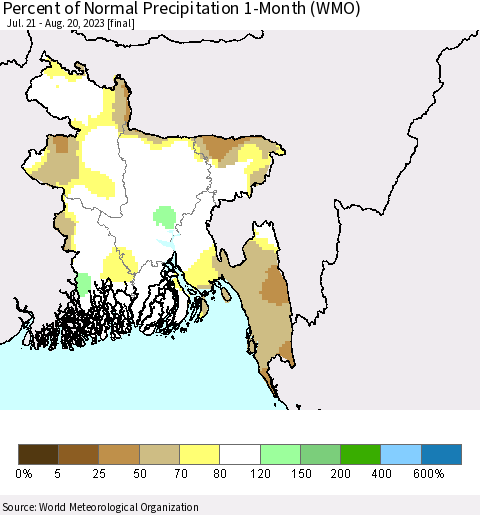 Bangladesh Percent of Normal Precipitation 1-Month (WMO) Thematic Map For 7/21/2023 - 8/20/2023