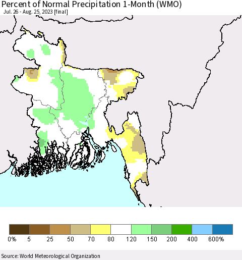 Bangladesh Percent of Normal Precipitation 1-Month (WMO) Thematic Map For 7/26/2023 - 8/25/2023