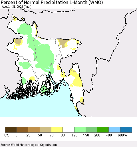Bangladesh Percent of Normal Precipitation 1-Month (WMO) Thematic Map For 8/1/2023 - 8/31/2023
