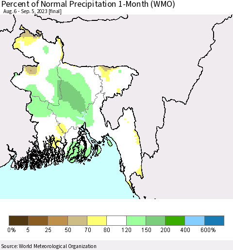 Bangladesh Percent of Normal Precipitation 1-Month (WMO) Thematic Map For 8/6/2023 - 9/5/2023
