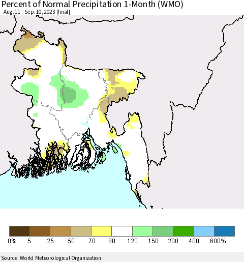 Bangladesh Percent of Normal Precipitation 1-Month (WMO) Thematic Map For 8/11/2023 - 9/10/2023