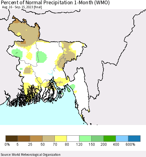 Bangladesh Percent of Normal Precipitation 1-Month (WMO) Thematic Map For 8/16/2023 - 9/15/2023