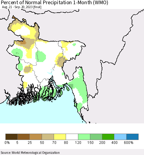 Bangladesh Percent of Normal Precipitation 1-Month (WMO) Thematic Map For 8/21/2023 - 9/20/2023