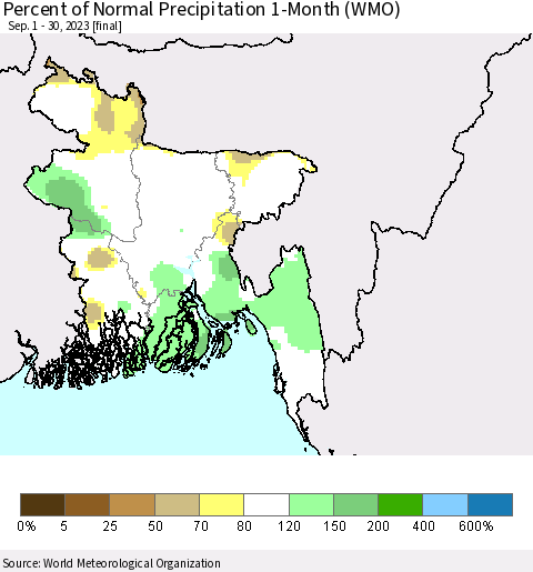 Bangladesh Percent of Normal Precipitation 1-Month (WMO) Thematic Map For 9/1/2023 - 9/30/2023