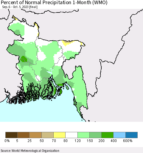 Bangladesh Percent of Normal Precipitation 1-Month (WMO) Thematic Map For 9/6/2023 - 10/5/2023