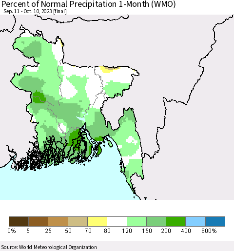 Bangladesh Percent of Normal Precipitation 1-Month (WMO) Thematic Map For 9/11/2023 - 10/10/2023