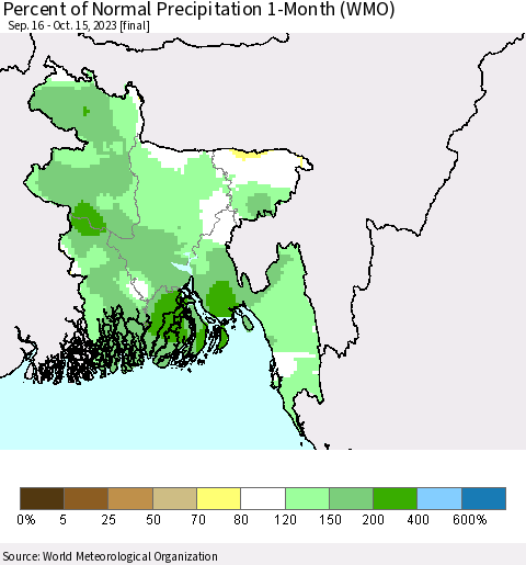 Bangladesh Percent of Normal Precipitation 1-Month (WMO) Thematic Map For 9/16/2023 - 10/15/2023