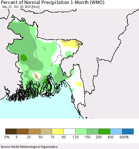 Bangladesh Percent of Normal Precipitation 1-Month (WMO) Thematic Map For 9/21/2023 - 10/20/2023