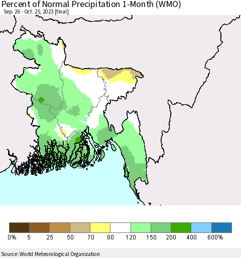 Bangladesh Percent of Normal Precipitation 1-Month (WMO) Thematic Map For 9/26/2023 - 10/25/2023