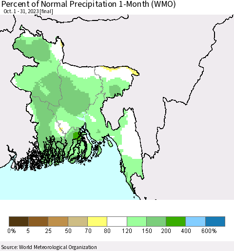Bangladesh Percent of Normal Precipitation 1-Month (WMO) Thematic Map For 10/1/2023 - 10/31/2023