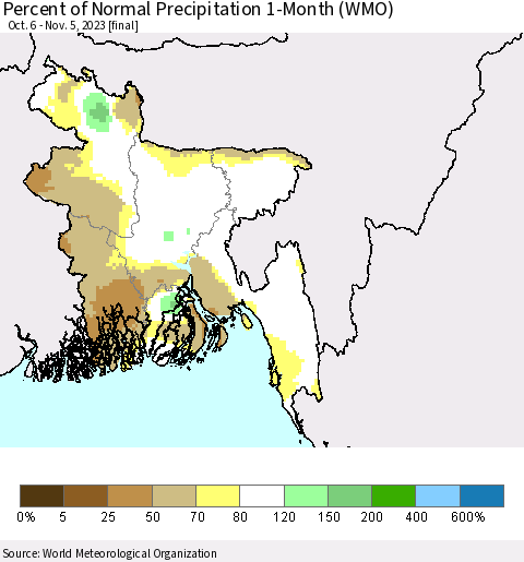 Bangladesh Percent of Normal Precipitation 1-Month (WMO) Thematic Map For 10/6/2023 - 11/5/2023