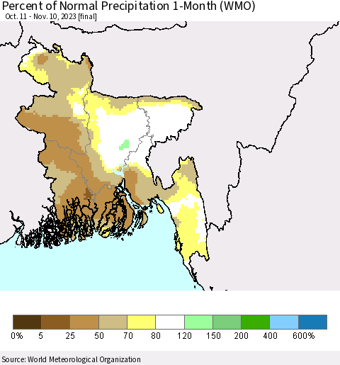 Bangladesh Percent of Normal Precipitation 1-Month (WMO) Thematic Map For 10/11/2023 - 11/10/2023