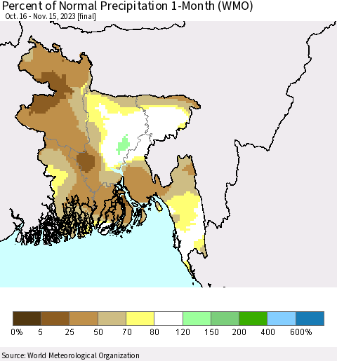 Bangladesh Percent of Normal Precipitation 1-Month (WMO) Thematic Map For 10/16/2023 - 11/15/2023