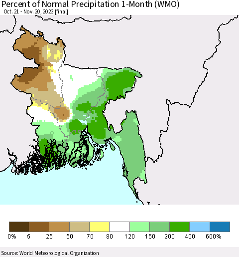 Bangladesh Percent of Normal Precipitation 1-Month (WMO) Thematic Map For 10/21/2023 - 11/20/2023