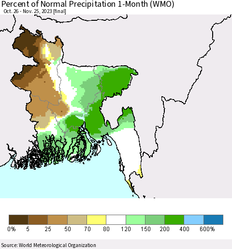 Bangladesh Percent of Normal Precipitation 1-Month (WMO) Thematic Map For 10/26/2023 - 11/25/2023