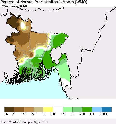 Bangladesh Percent of Normal Precipitation 1-Month (WMO) Thematic Map For 11/1/2023 - 11/30/2023