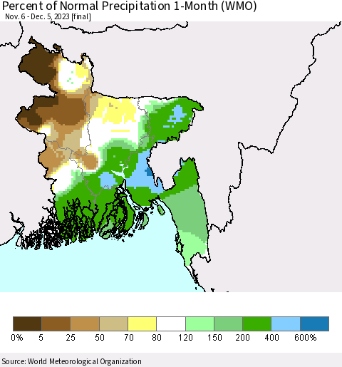 Bangladesh Percent of Normal Precipitation 1-Month (WMO) Thematic Map For 11/6/2023 - 12/5/2023