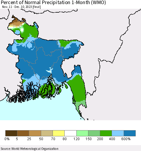 Bangladesh Percent of Normal Precipitation 1-Month (WMO) Thematic Map For 11/11/2023 - 12/10/2023