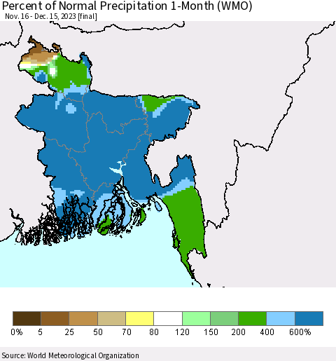 Bangladesh Percent of Normal Precipitation 1-Month (WMO) Thematic Map For 11/16/2023 - 12/15/2023