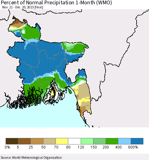 Bangladesh Percent of Normal Precipitation 1-Month (WMO) Thematic Map For 11/21/2023 - 12/20/2023