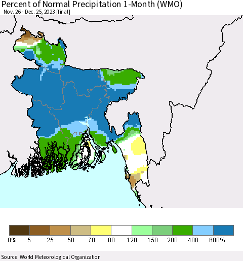 Bangladesh Percent of Normal Precipitation 1-Month (WMO) Thematic Map For 11/26/2023 - 12/25/2023