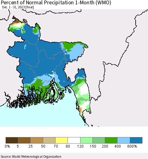 Bangladesh Percent of Normal Precipitation 1-Month (WMO) Thematic Map For 12/1/2023 - 12/31/2023