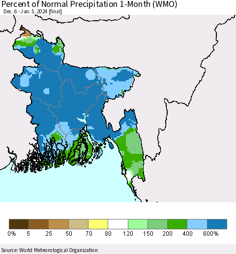 Bangladesh Percent of Normal Precipitation 1-Month (WMO) Thematic Map For 12/6/2023 - 1/5/2024