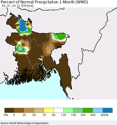 Bangladesh Percent of Normal Precipitation 1-Month (WMO) Thematic Map For 12/16/2023 - 1/15/2024