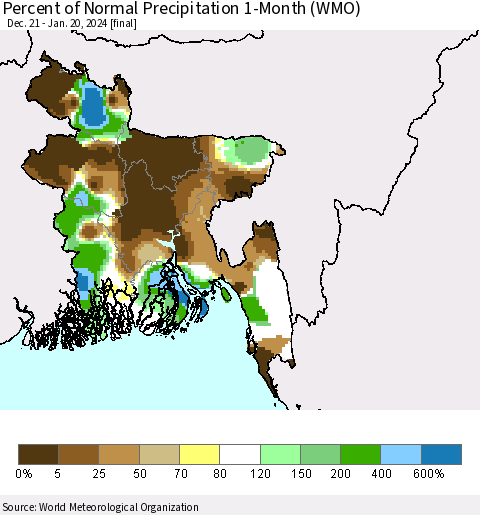 Bangladesh Percent of Normal Precipitation 1-Month (WMO) Thematic Map For 12/21/2023 - 1/20/2024