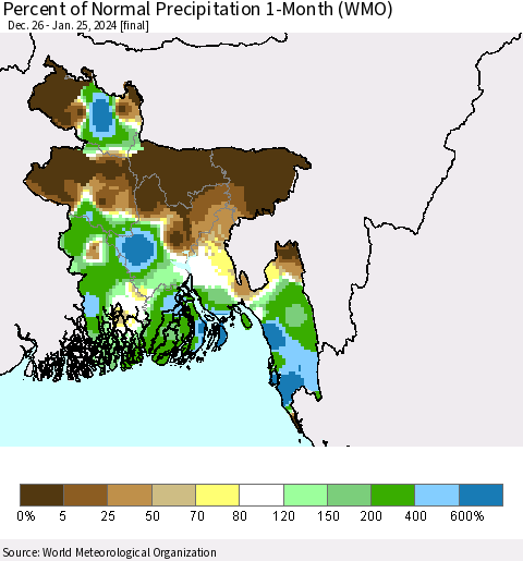 Bangladesh Percent of Normal Precipitation 1-Month (WMO) Thematic Map For 12/26/2023 - 1/25/2024