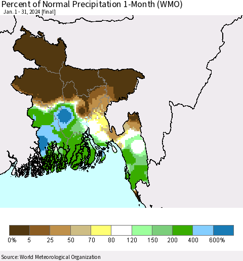 Bangladesh Percent of Normal Precipitation 1-Month (WMO) Thematic Map For 1/1/2024 - 1/31/2024