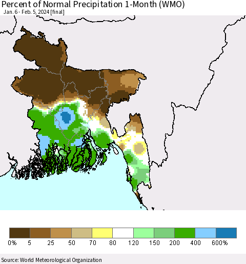 Bangladesh Percent of Normal Precipitation 1-Month (WMO) Thematic Map For 1/6/2024 - 2/5/2024