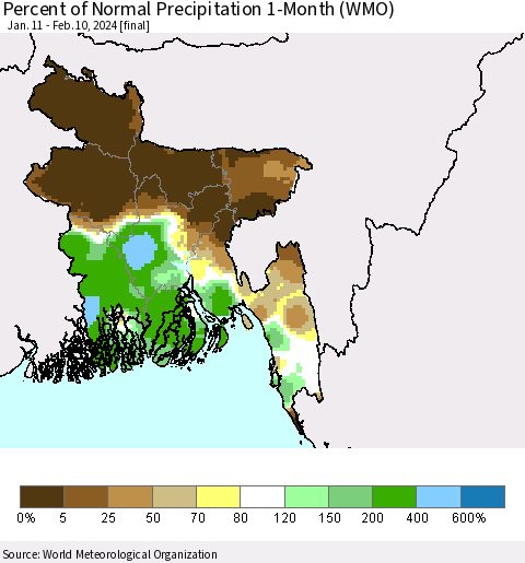 Bangladesh Percent of Normal Precipitation 1-Month (WMO) Thematic Map For 1/11/2024 - 2/10/2024