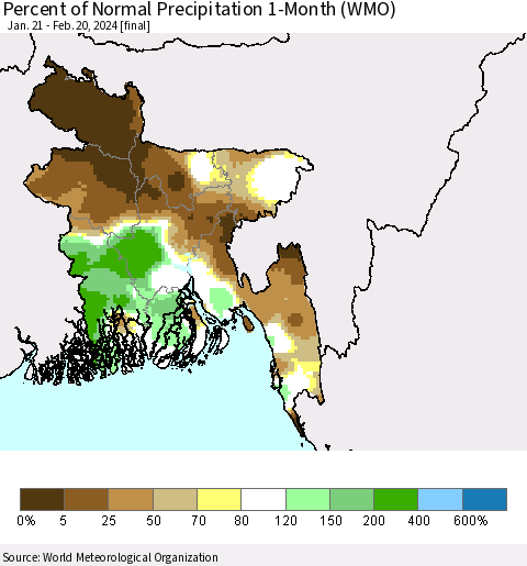 Bangladesh Percent of Normal Precipitation 1-Month (WMO) Thematic Map For 1/21/2024 - 2/20/2024