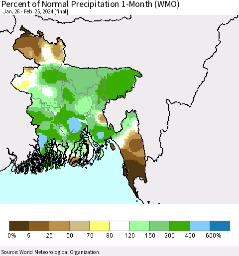 Bangladesh Percent of Normal Precipitation 1-Month (WMO) Thematic Map For 1/26/2024 - 2/25/2024