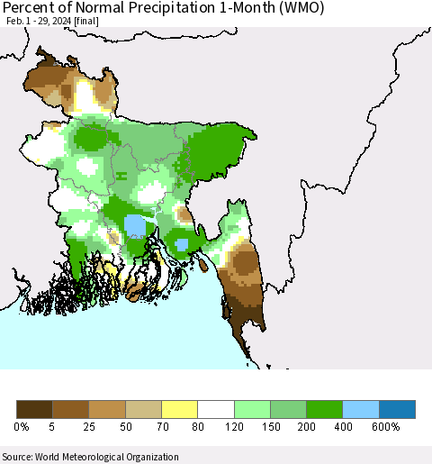 Bangladesh Percent of Normal Precipitation 1-Month (WMO) Thematic Map For 2/1/2024 - 2/29/2024