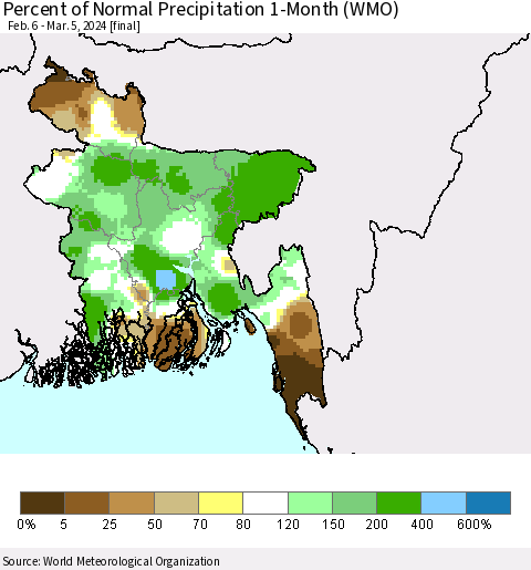 Bangladesh Percent of Normal Precipitation 1-Month (WMO) Thematic Map For 2/6/2024 - 3/5/2024