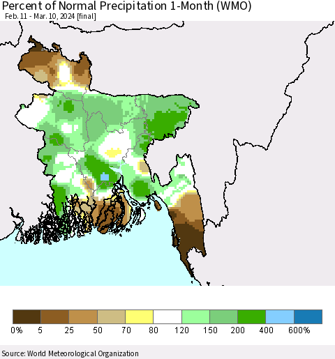 Bangladesh Percent of Normal Precipitation 1-Month (WMO) Thematic Map For 2/11/2024 - 3/10/2024