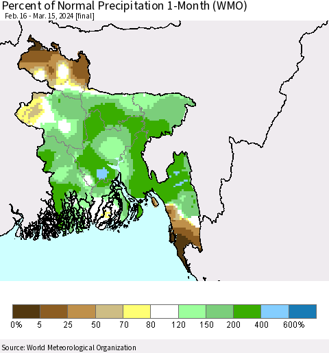 Bangladesh Percent of Normal Precipitation 1-Month (WMO) Thematic Map For 2/16/2024 - 3/15/2024