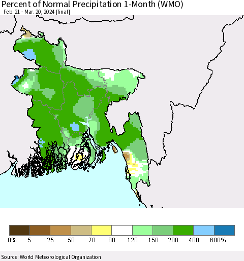 Bangladesh Percent of Normal Precipitation 1-Month (WMO) Thematic Map For 2/21/2024 - 3/20/2024