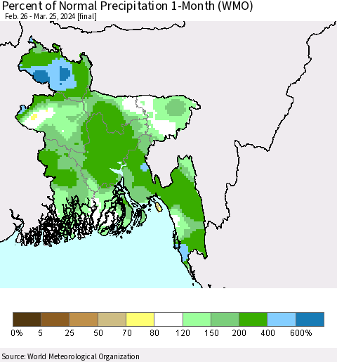 Bangladesh Percent of Normal Precipitation 1-Month (WMO) Thematic Map For 2/26/2024 - 3/25/2024