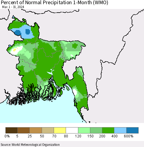 Bangladesh Percent of Normal Precipitation 1-Month (WMO) Thematic Map For 3/1/2024 - 3/31/2024